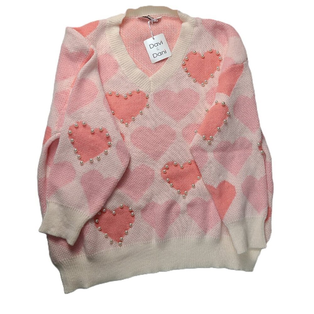 NWT DAVI & DANI Heart Pearl Side Slit V-neck Sweater